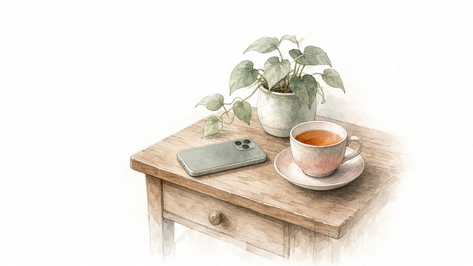 Ilustración en acuarela de un celular boca abajo en un buró junto a una taza de té y una planta de hojas en forma de corazón