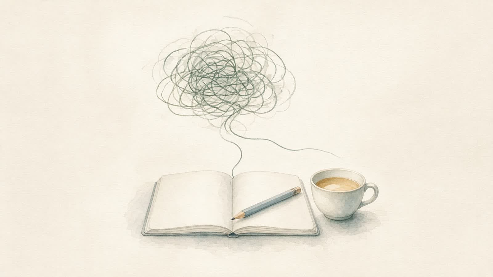 Ilustración en acuarela de un cuaderno abierto con un lápiz y un hilo enredado que se desenreda en una línea suave y tranquila