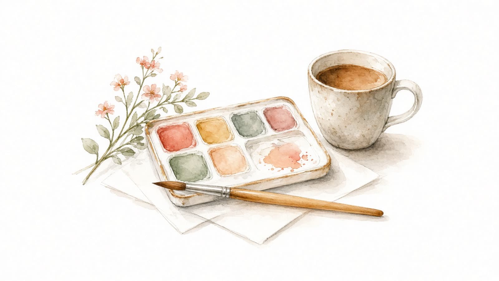 Ilustración en acuarela de una paleta de acuarelas y un pincel sobre hojas en blanco junto a una taza de café y unas flores