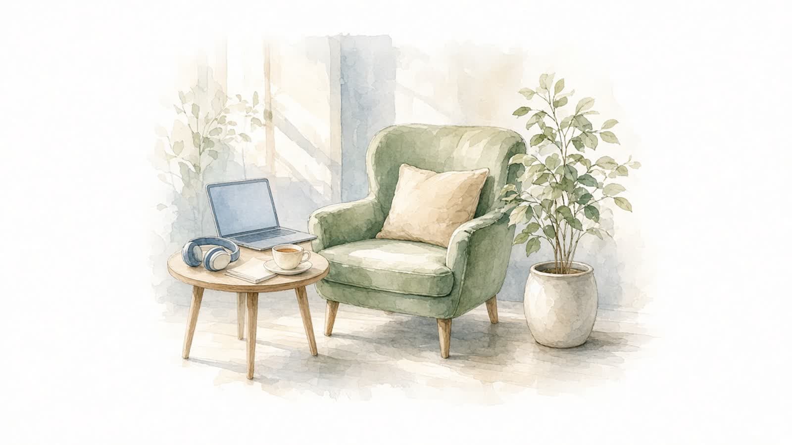 Ilustración en acuarela de un sillón junto a una mesa con laptop, audífonos, una taza de té y una libreta, listos para una sesión en línea
