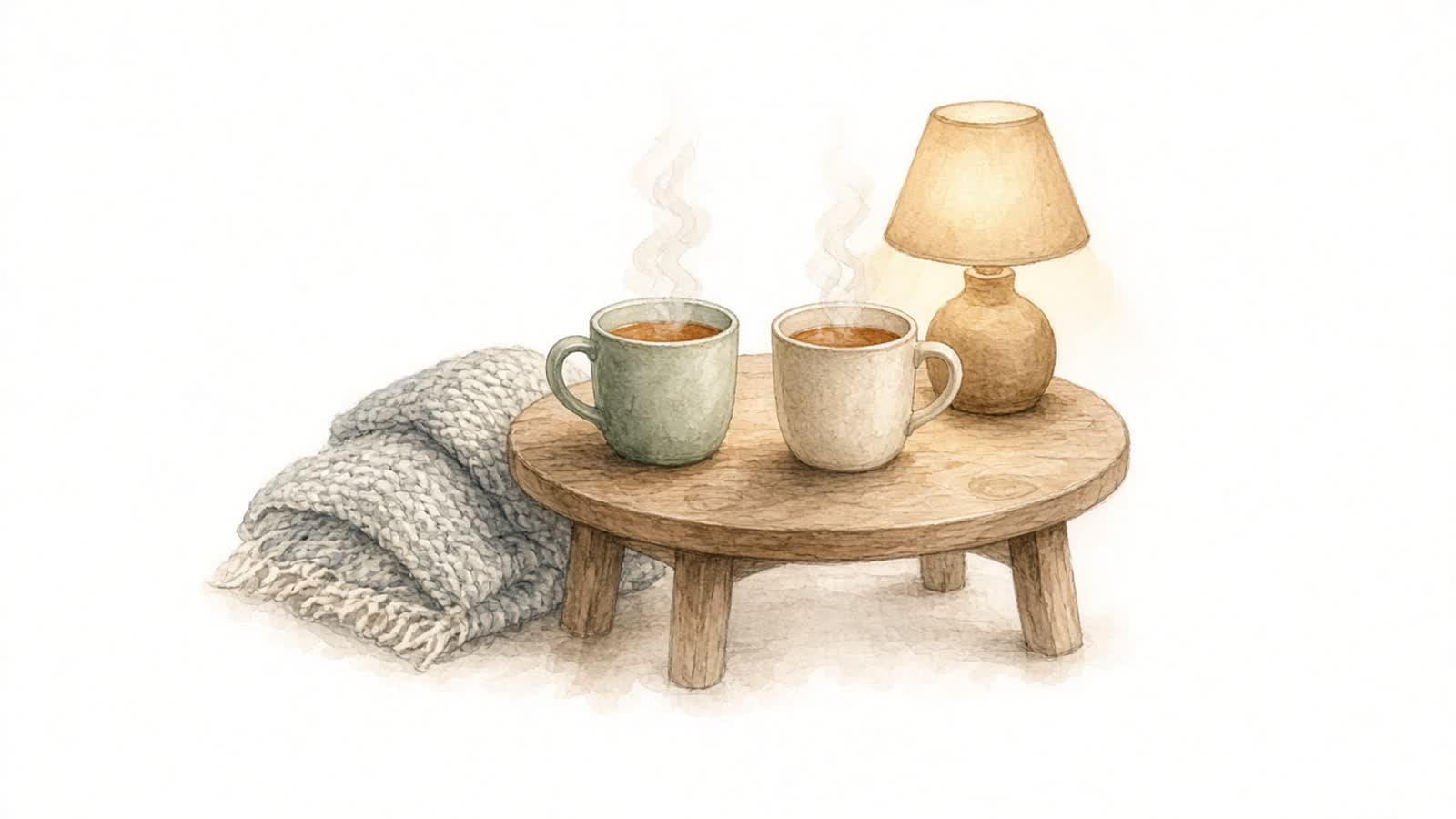 Ilustración en acuarela de dos tazas de té junto a una manta doblada y una lámpara encendida que da una luz cálida y tranquila