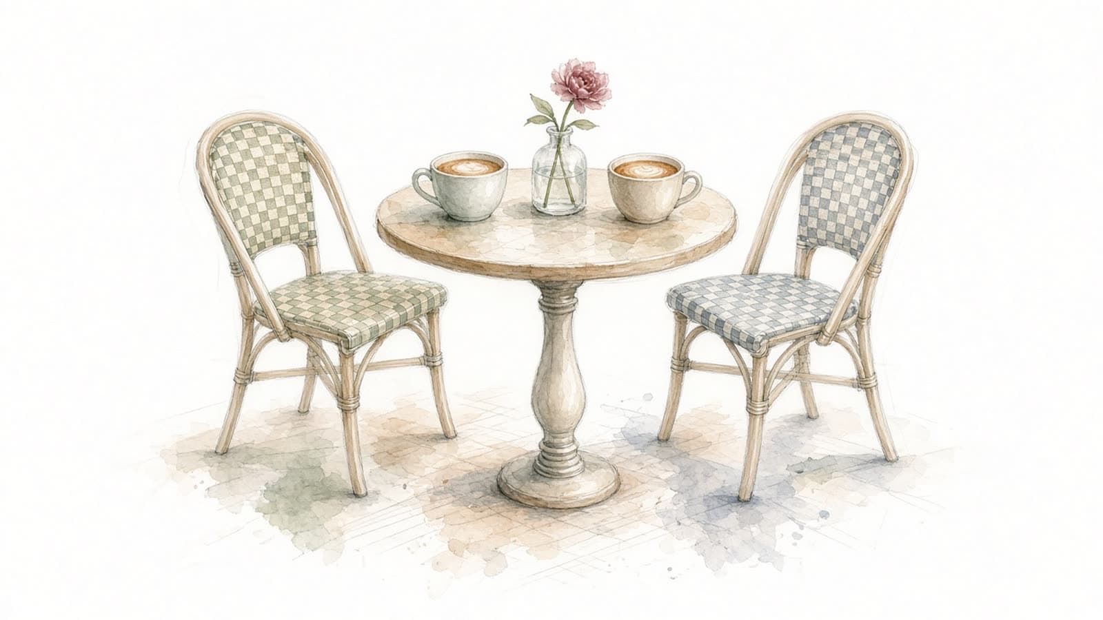 Ilustración en acuarela de una mesa de café con dos tazas frente a frente y dos sillas vacías listas para un encuentro