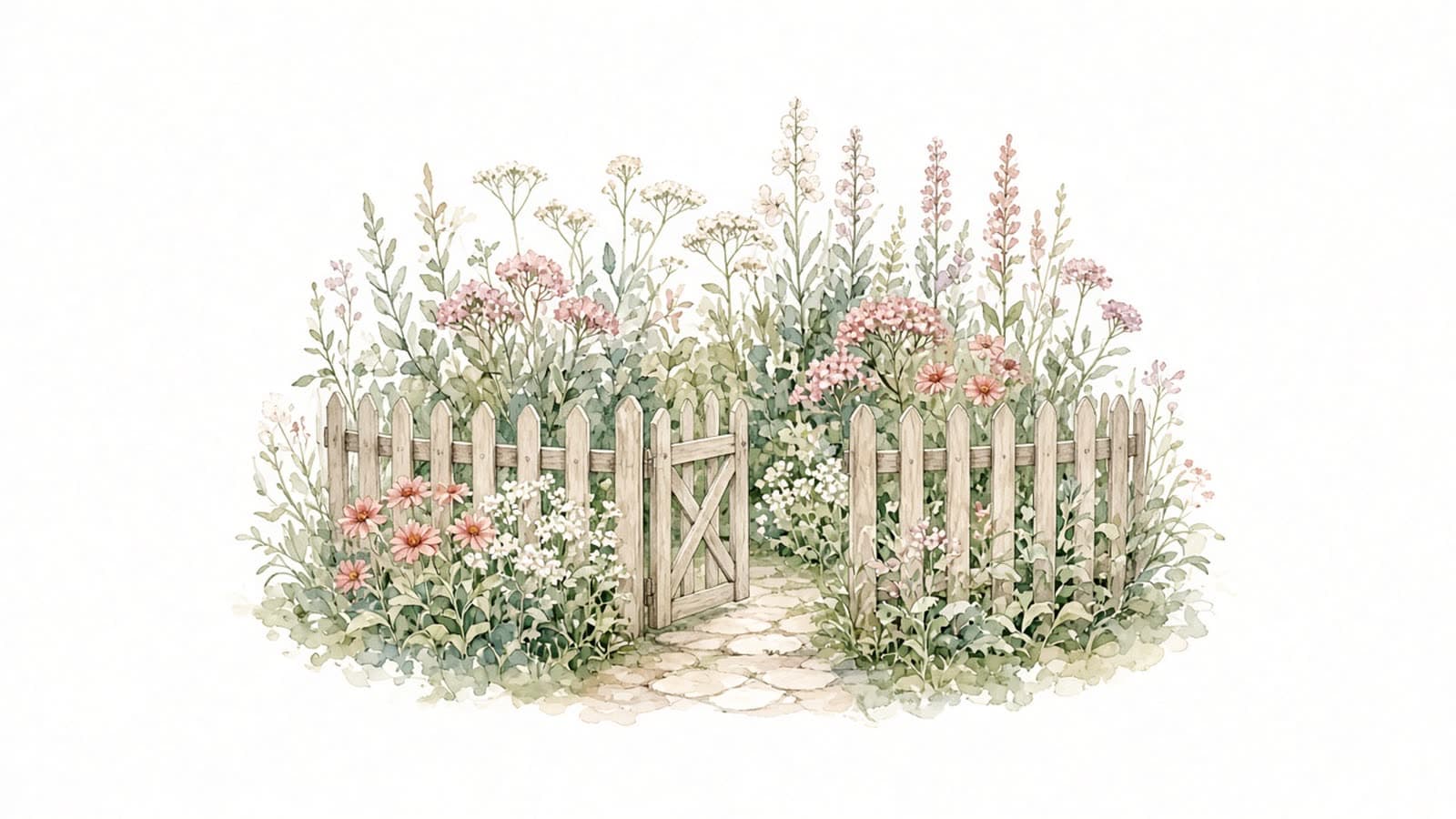Ilustración en acuarela de un pequeño jardín con flores rodeado por una cerca baja de madera con la puerta abierta