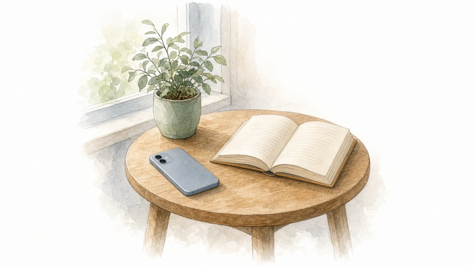 Ilustración en acuarela de un celular boca abajo sobre una mesa de madera junto a un libro abierto y una planta pequeña