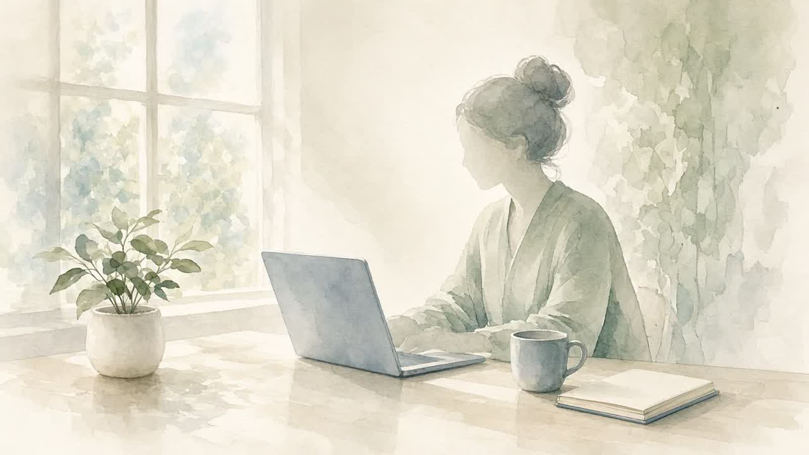 Acuarela de una mujer trabajando en su laptop junto a una ventana luminosa, con una planta, una taza y un cuaderno sobre la mesa