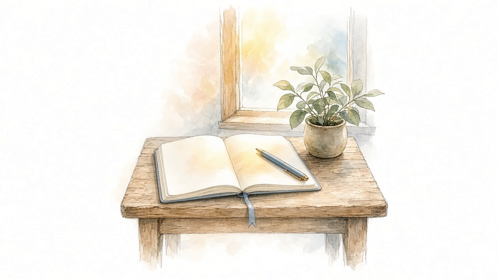Ilustración en acuarela de un cuaderno abierto con una pluma y una planta en maceta sobre una mesa de madera, junto a una ventana con luz cálida