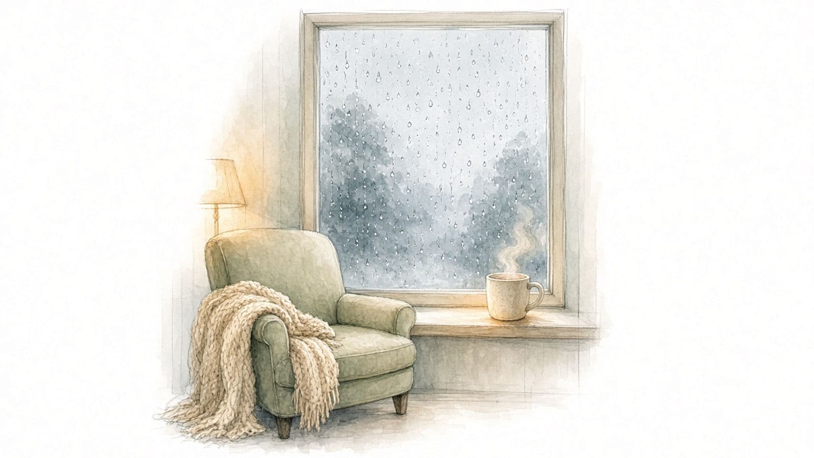 Ilustración en acuarela de una ventana con gotas de lluvia, un sillón con una cobija tejida, una lámpara y una taza humeante en el borde