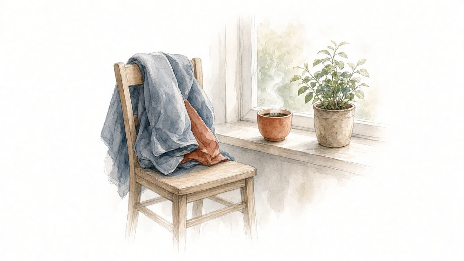 Ilustración en acuarela de una silla de madera con ropa en el respaldo junto a una ventana con una taza de café y una planta