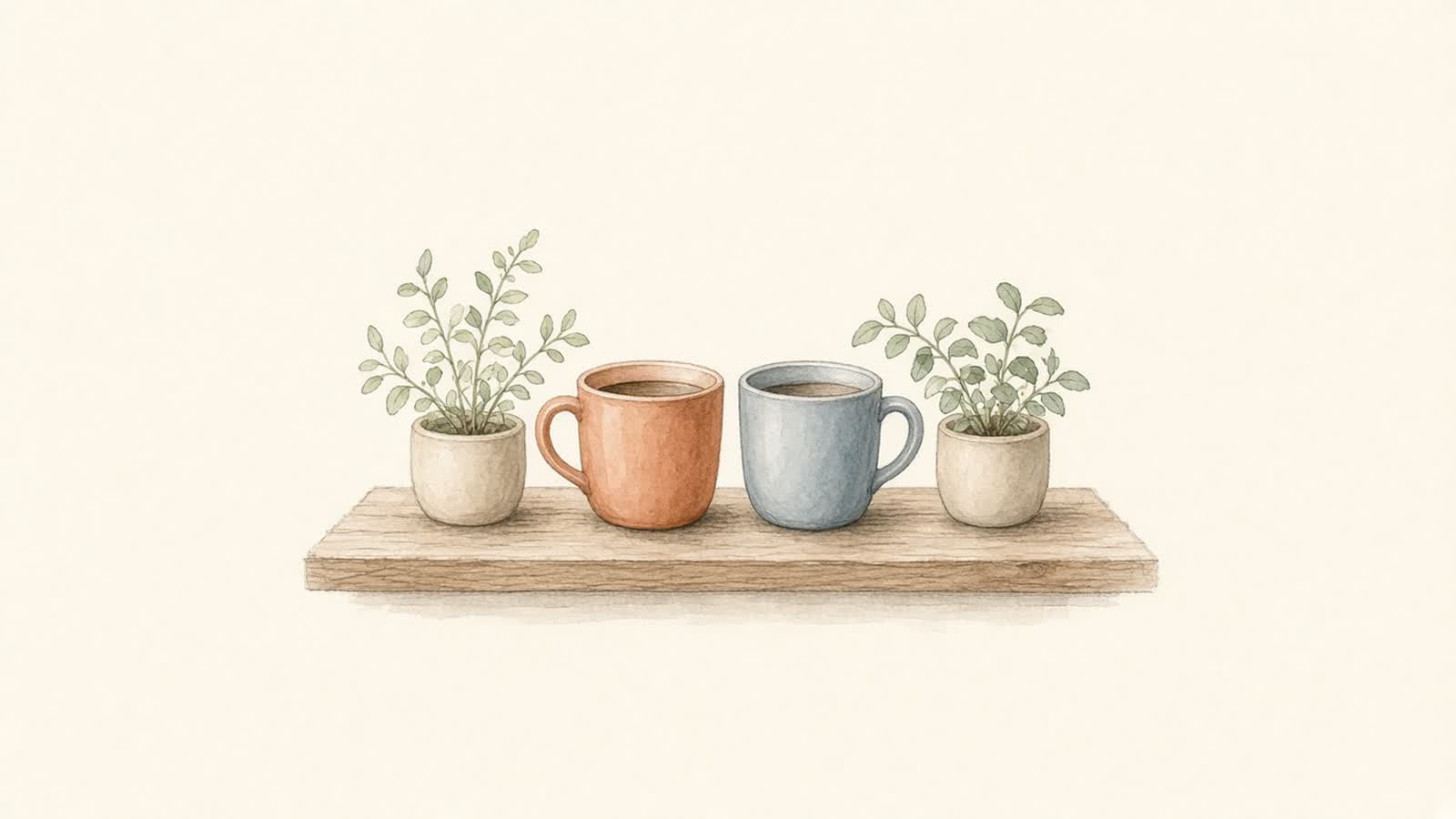 Ilustración en acuarela de dos tazas lado a lado con dos plantas a la misma altura que se inclinan una hacia la otra