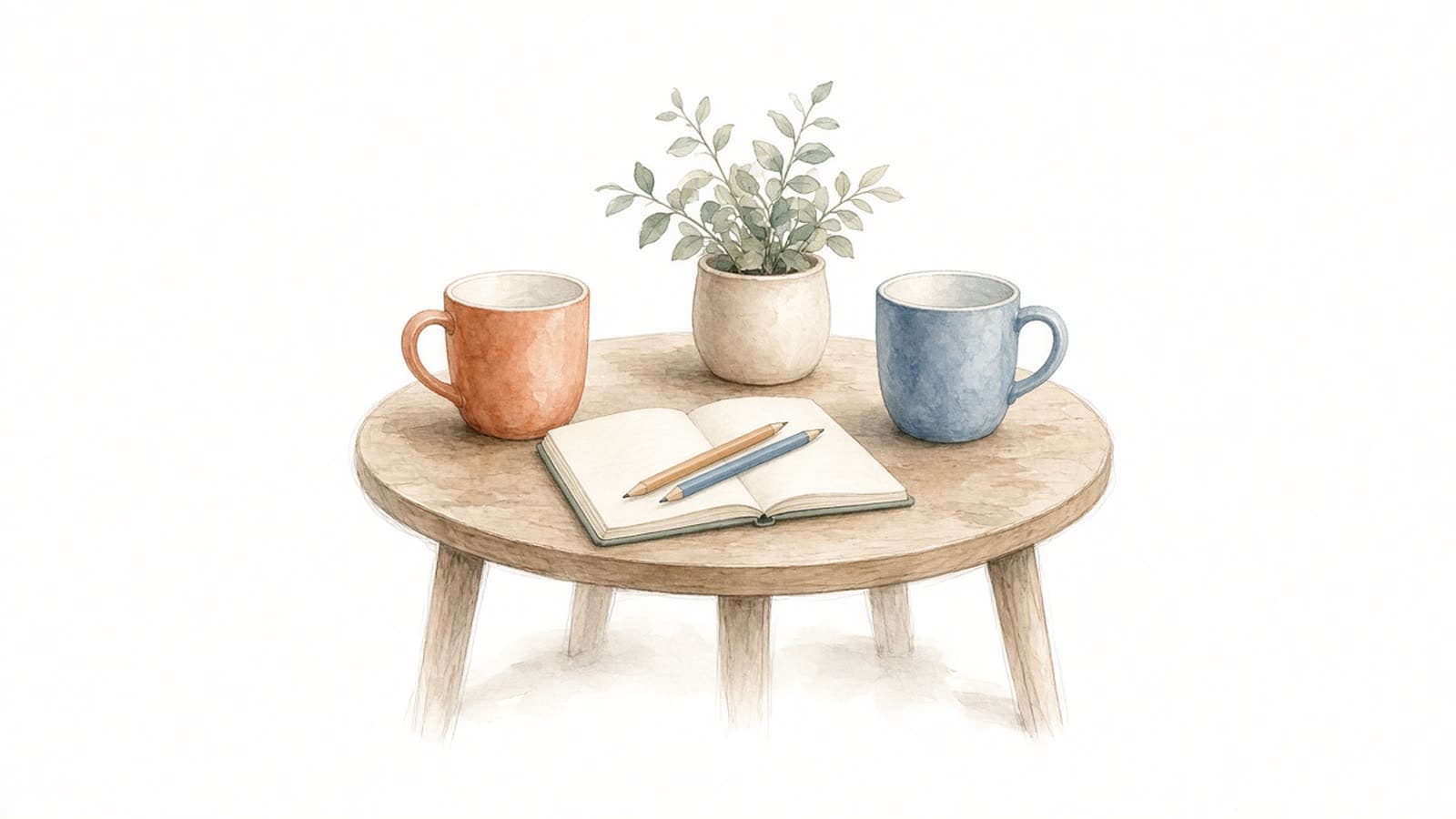 Ilustración en acuarela de dos tazas sobre una mesa redonda de madera con una libreta abierta, dos lápices y una planta pequeña al centro