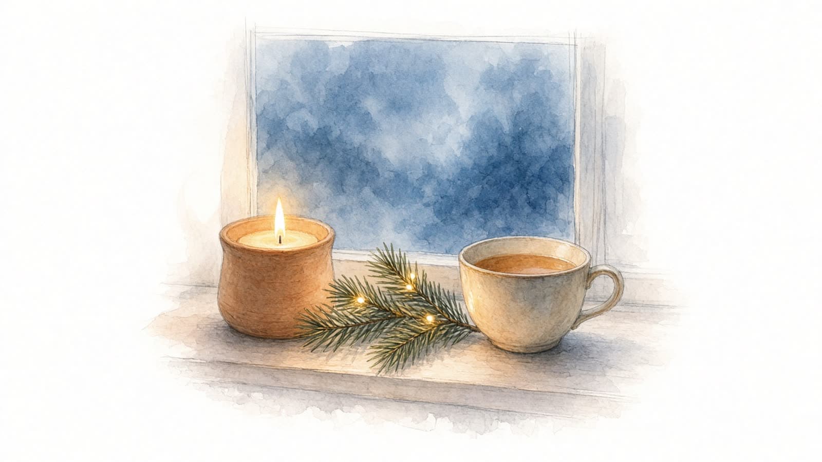 Ilustración en acuarela de una vela encendida junto a una rama de pino con lucecitas y una taza de té en el borde de una ventana