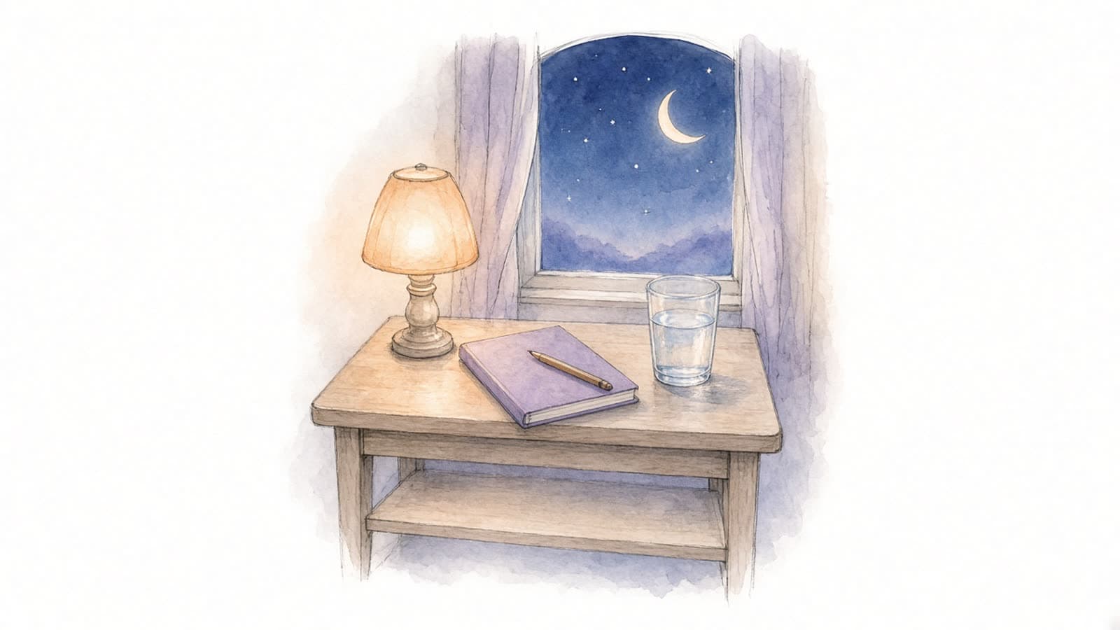 Ilustración en acuarela de un buró con una lámpara encendida, una libreta y un vaso de agua junto a una ventana con luna