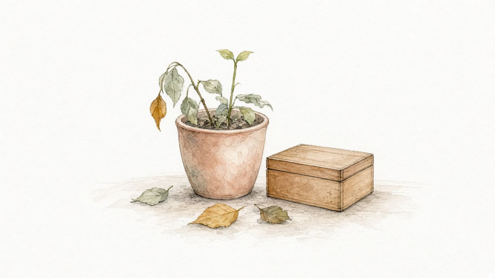 Ilustración en acuarela de una planta en maceta con hojas caídas y un brote verde nuevo junto a una caja de madera cerrada